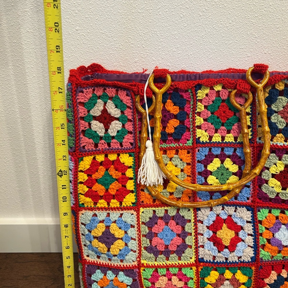 Granny Square Crochet Purse Tote Bag with Bamboo Handles - Picture 11 of 12